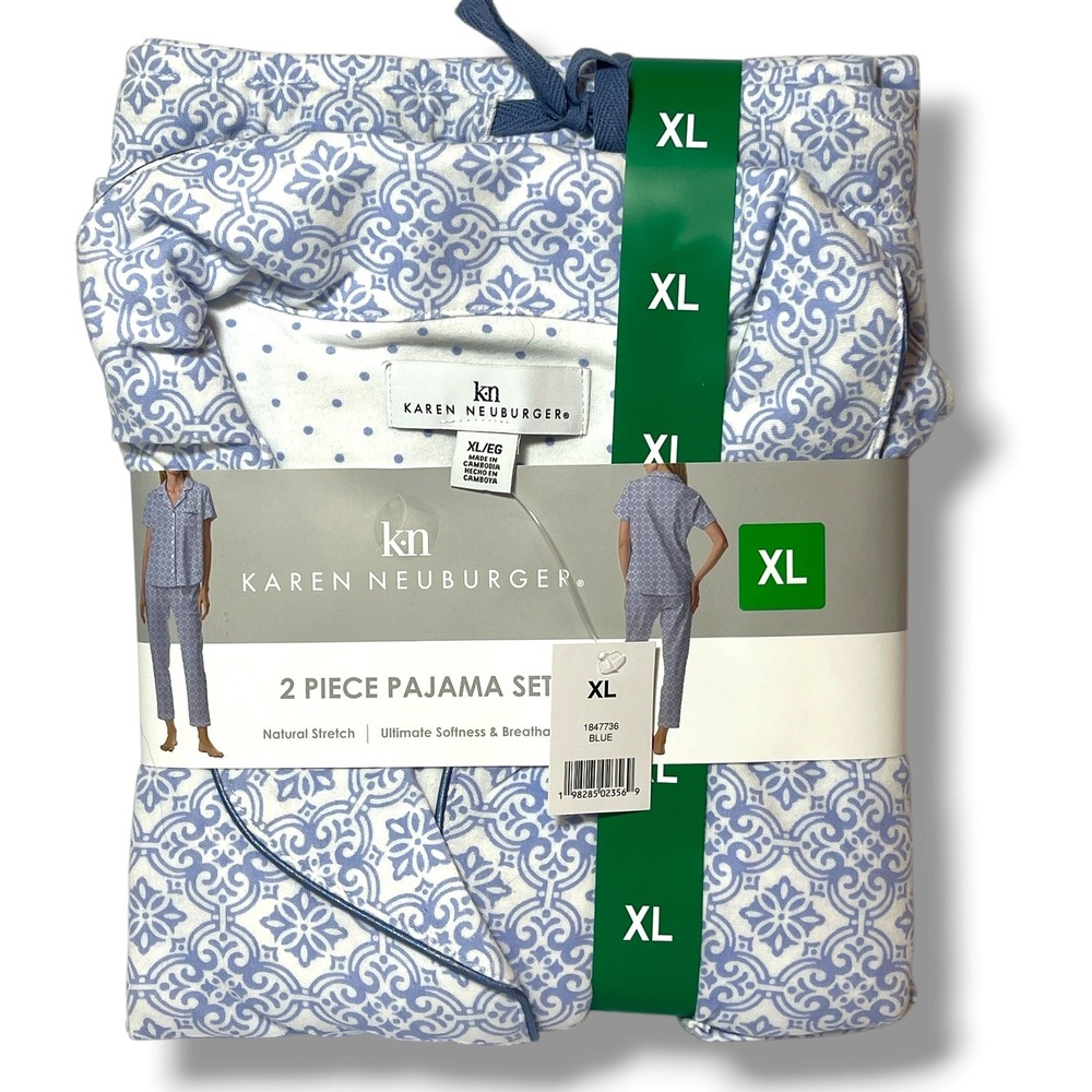 Karen Neuburger Womens 2 PC Pajama Set New Blue Geometric size XL Capri Lounge